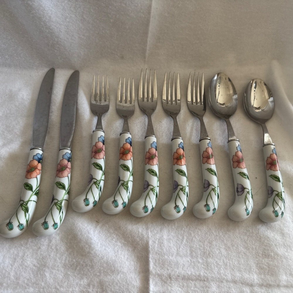 9 House of Prill POPPY Porcelain Handled Flatware Salad, Dinner Fork Spoon Knife